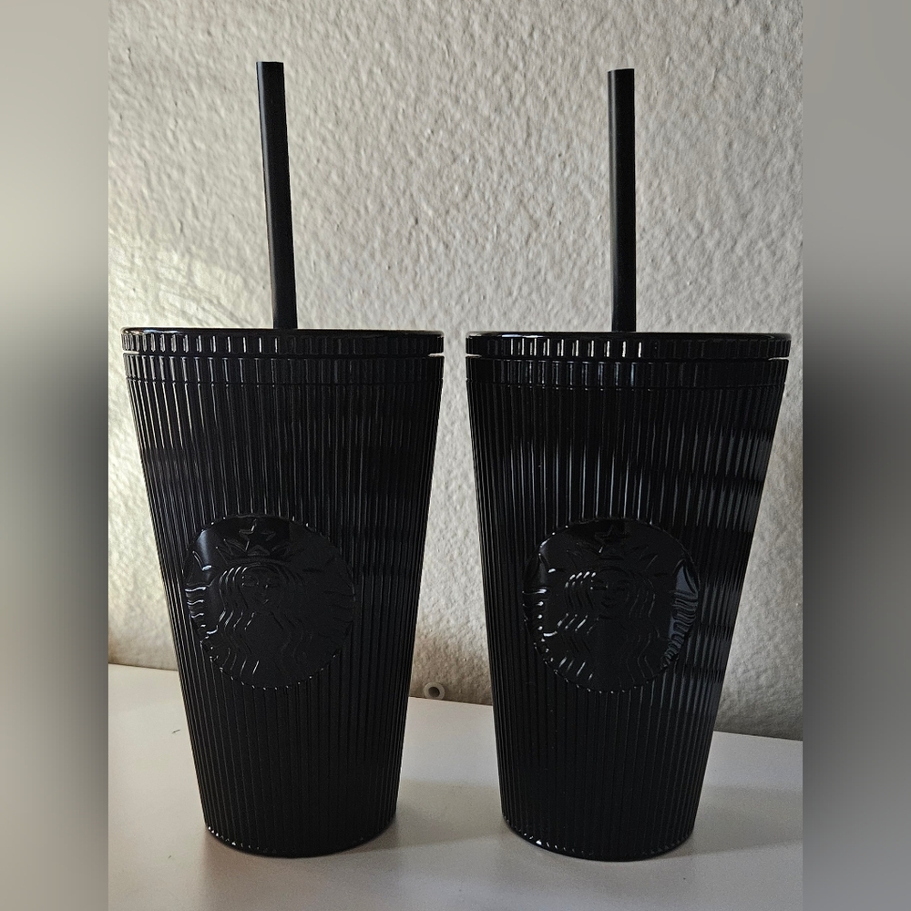2 Starbucks Black Tumblers with Matching Straw